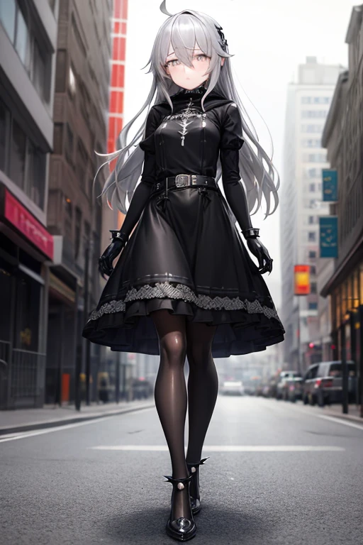 ((best quality)), ((masterpiece)), (detailed), 1 girl, Full body, 18 years old, Depressed face, Silver eyes, Arms behind waist, Eyes covered, Blushing, Silver hair, long hair, ahoge, Bangs, strand of hair covering her right eye, mask, Full body, very tall, very Small breasts, Slim body, Grey hood, Metal spikes, Grey wristbands, Long black gloves with spikes, Grey goth outfit, Gothic lolita, Grey dress, Metal emblem, Tight fitting, Black belt, Metal skin, Black pantyhose, Black shoes, Walking through the city, Metal spikes coming out of the road, City background, Anime