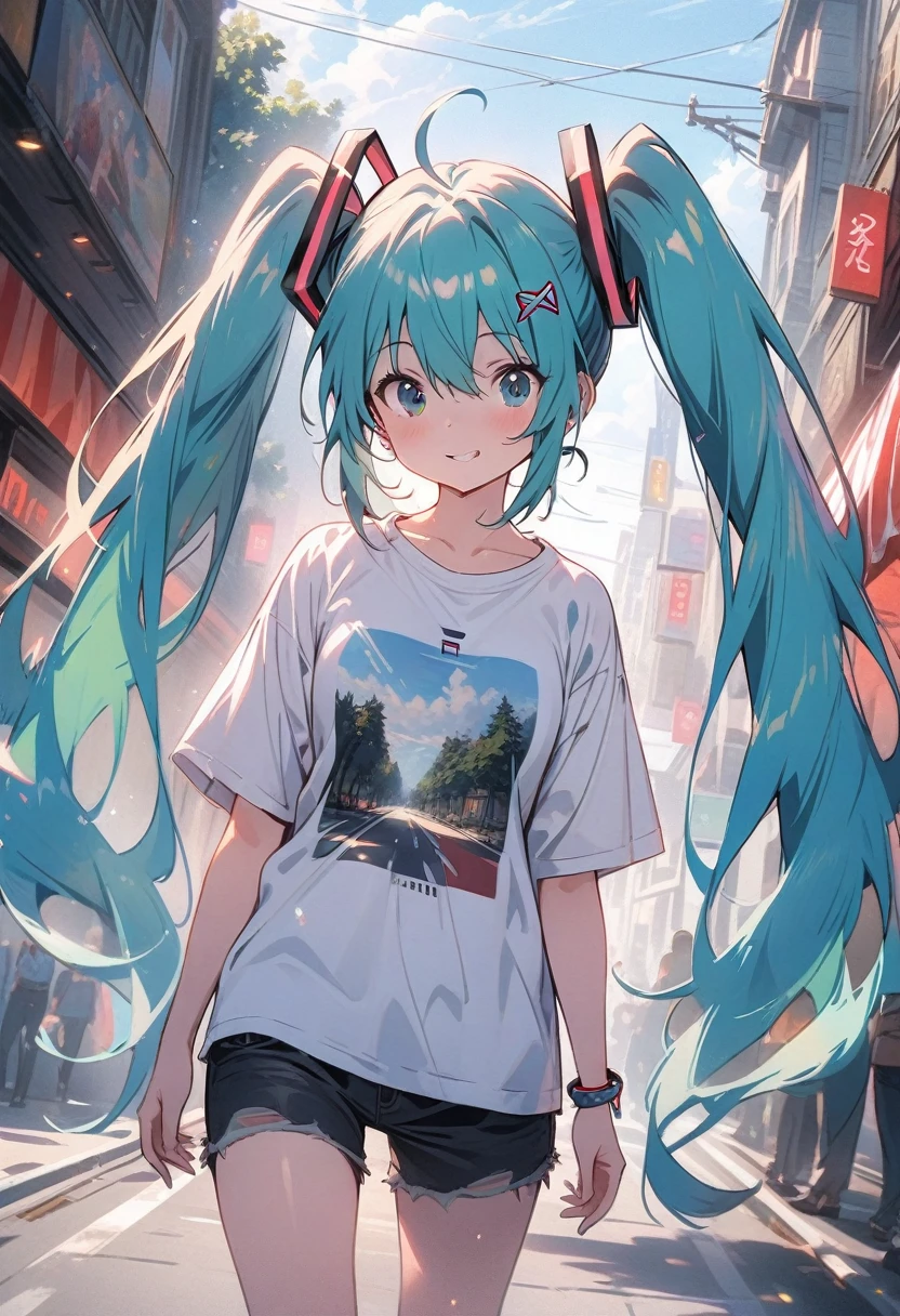 ((hatsune miku)), strolling, wear casual clothes, tree-lined street, long shot, pale skin, tired face, 8k,wallpaper of extremely detailed CG unit, ​masterpiece,hight resolution,top-quality,top-quality real texture skin,hyper realisitic,increase the resolution,RAW photos,best qualtiy,highly detailed,the wallpaper,cinematic lighting,ray trace,golden ratio, long shot, 