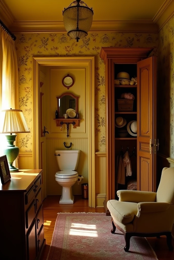 A vintage room with yellow light, a bathroom and a closet