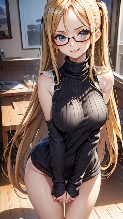 (Highest quality)), ((masterpiece)), (detailed), ((Full body shot 1.5))，One Woman，28歳のBeautiful woman，A married woman wearing black-rimmed glasses，Married woman smiling with mouth open，The look of temptation，Very sexy，8 heads，Small face woman，(((Big Breasts，Wear a turtleneck, Sleeveless knit sweater.8，One Piece Sweater，Very good)))，Small nipples，Accentuate your cleavage，Black sweater，
Beautiful woman，Beautiful Face，Big eyes，Beautiful Eyes，Beautiful double eyelids，Beautiful teeth alignment，8 heads，Beautiful body lines，Slender body，Beautiful Hands，Beautiful feet，Long hands，Long legs，Long and supple hair，Shiny Hair，Black Hair，Full body shot 1.4，Embarrassed expression，blush，Mouth half open，From below，Beautiful shoulders，Beautiful clavicle、Woman standing with legs spread，(((Pressing the chest 1.9)))，Lifting Skirt 1.7，