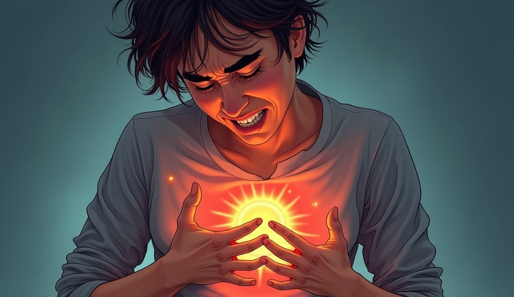 A realistic, expressive illustration of a person experiencing heartburn. The person is clutching their chest with a pained expression, and there’s a subtle glow around the chest area to indicate burning. The background is simple, keeping focus on the subject."