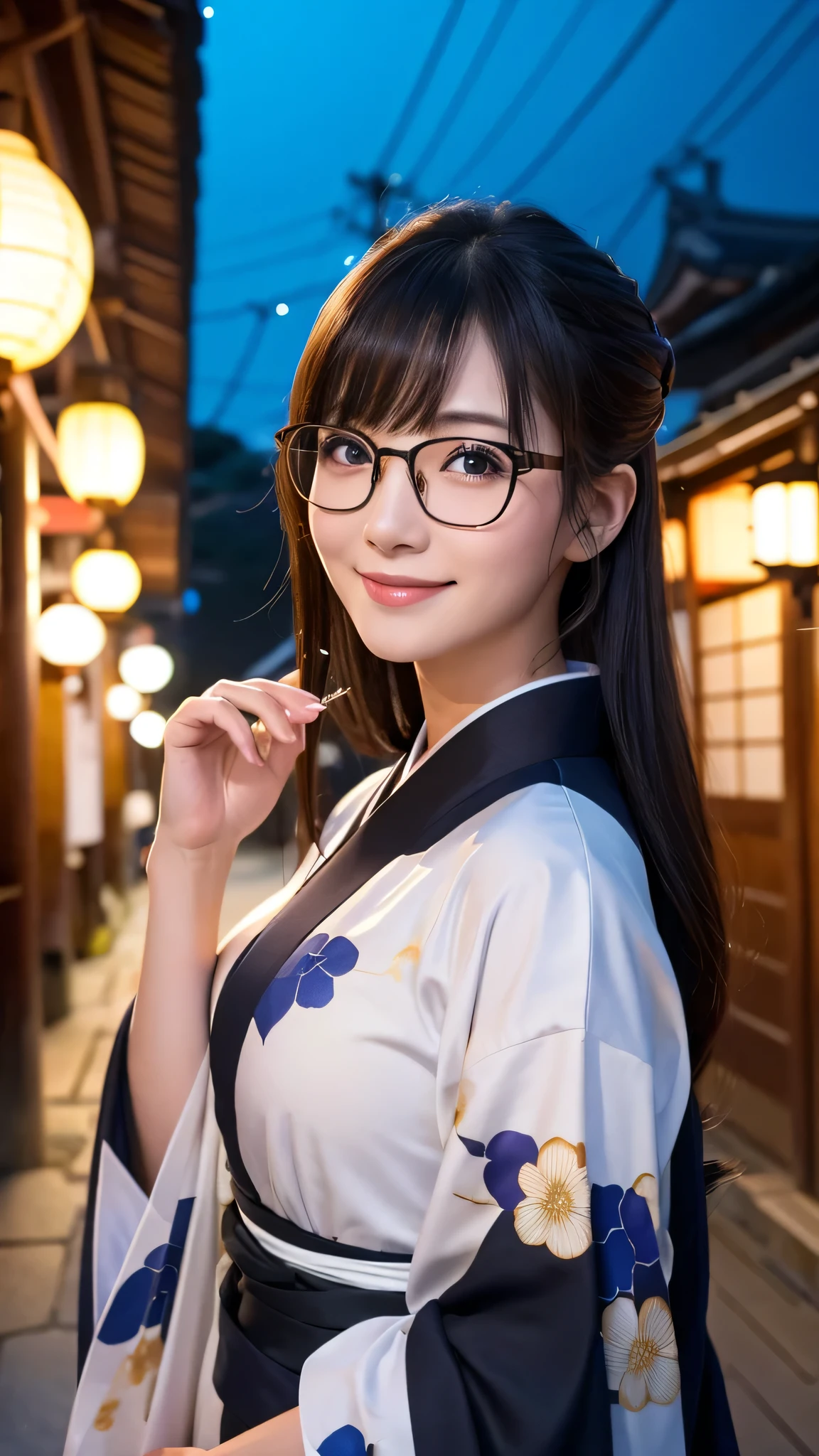 (Super beautiful woman in kimono)、((highest quality、8K masterpiece:1.3))、sharp focus:1.2、(super beautiful face:1.0)、(shiny skin:1.0)、realistic pictures、black hair、video lighting、High resolution eyes and face、video lighting、japanese actress、from the front、big breasts、with a happy smile、Slender abs beauty、whole body、wearing a kimono、in Kyoto、(((luxury obi)))、In Kyoto at night、wearing glasses with no edge、with a fan、Fireworks Display