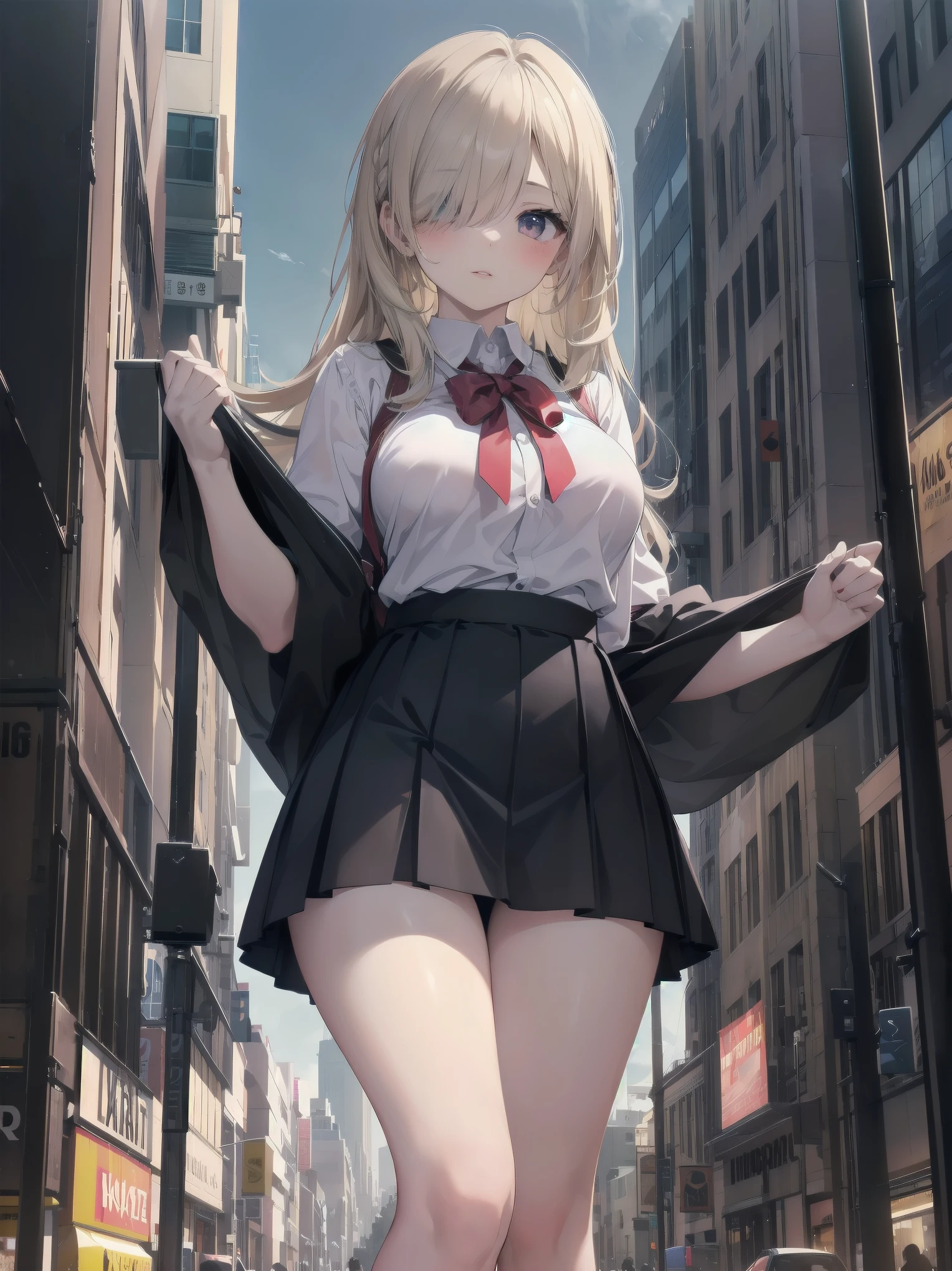 Highly detailed CG Unity 8k wallpaper, best quality, highly detailed, masterpiece, Highly detailed cute girl, 1, (((lifting skirt by herself))), (lifting by herself), dynamic angles, sexy pose, blush, lips apart, looking at the audience , half body shot, (crowd), (crowded big city)), hair over one eye, immaculate beauty, upscale, less revealing clothing