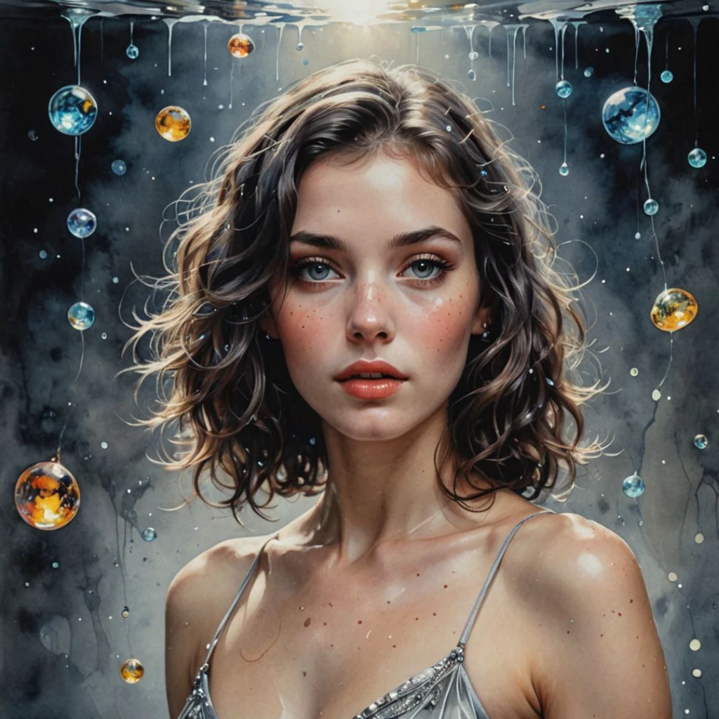a close-up of a woman in a dress with bubbles in the air, karol behind uhd, detailed painting 4k, 4k detailed oil painting, Realistic illustrative painting, Realistic fantasy painting., Beautiful UHD 4K art, realistic woman oil painting, detailed realistic painting, Artgerm Julie Bell Beeple, A woman in a dress with bubbles in the air, impressive work of art
