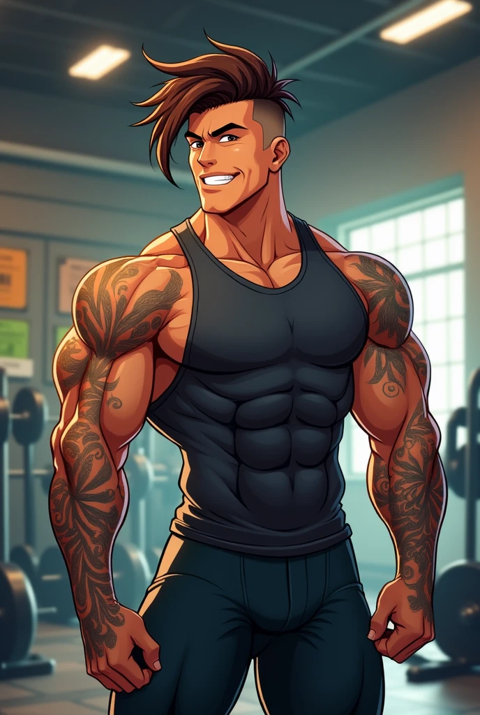 Semi-realistic anime guy, Brown hair, shaved on the right side and brown eyes, tattoos and a confident, flirty expression. moreno, Mexican, tall and muscular. gym, sportswear. 