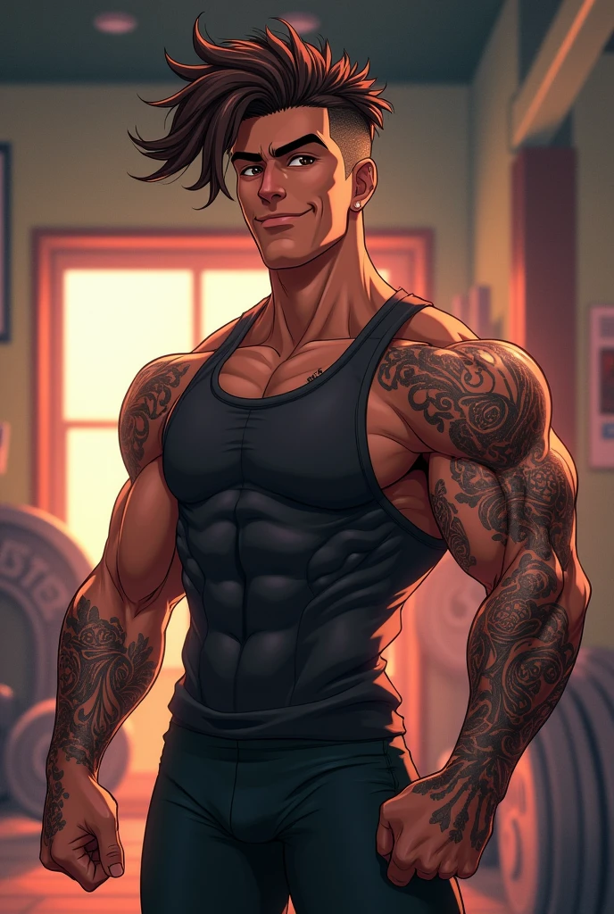 Semi-realistic anime guy, Brown hair, shaved on the right side and brown eyes, tattoos and a confident, flirty expression. moreno, Mexican, tall and muscular. gym, sportswear.