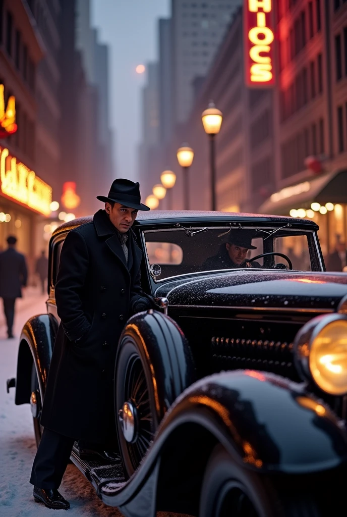 side view, full size, Chicago City of 1933 winter main street background, 1 hitman and driver in the car of black 1st Lincoln Continental, evening twilight, RAW photo,
