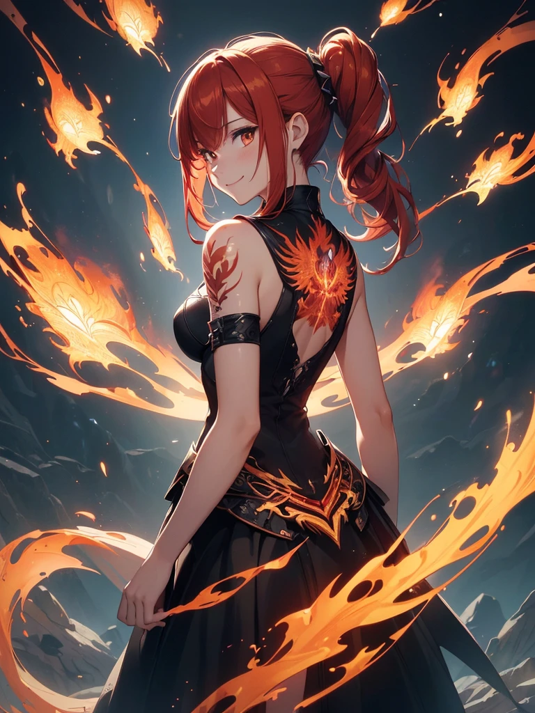 (((best quality, sharp image, clear image, cinematic lighting, 8k resolution, masterpiece, ultra detailed, intricate))) Girl, (((looking over left shoulder))), (shot from behind), ((shot from hip up)), fiery red hair, pigtails, ((intricate black dress)), ((flaming sigils, flaming runes)), spiky rock formations, (flaming lotus flowers frame), (intricate background), (chaotic background), (busy background), ((Phoenix)), (swirling flames), smiling,tatoo on back
