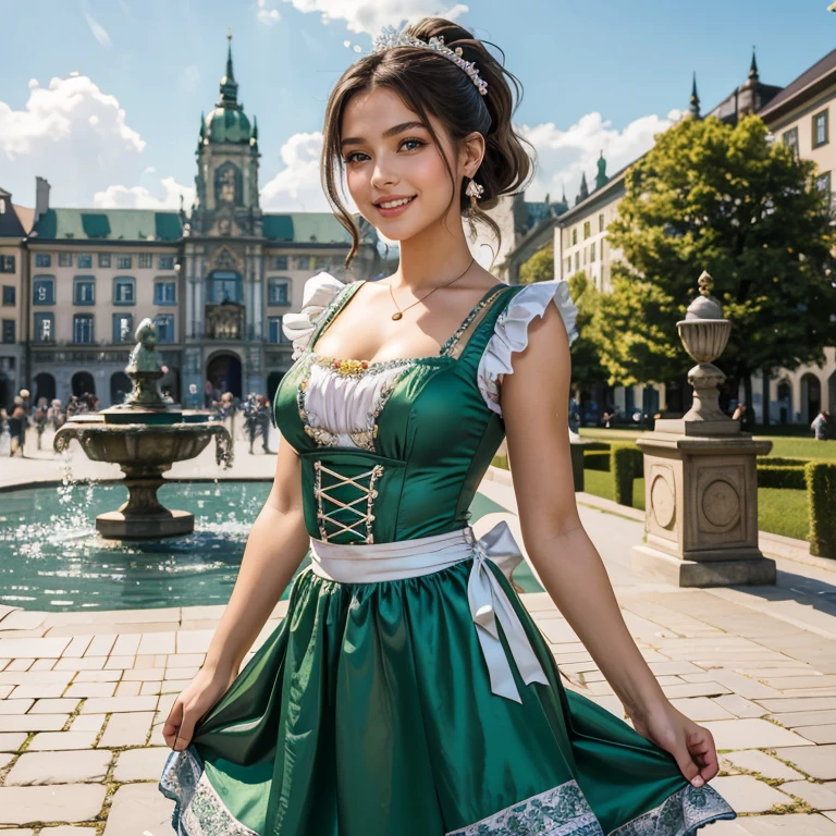 (masterpiece, best quality:1.5), highest quality, High resolution, super detailed, Realists, Upper body photo of a -yeld brtte girl, detailed and beautiful eyes, beautiful detailed lips, very detailed eyes and face, longeyelashes, A 16-year-o gin a btiful short shiny satin Dirndl, Details in the dress fabric, Beautiful and colorful makeup, elegant and noble々Pose, Beautiful bows in the hair, Ponytail hairstyle with a bow, Munich as a backdrop, bright daylight, bright colors, fine brushstrokes, Portrait style, beautiful color palette, glowing skin, First-class rendering, that captures every detail, enchanting atmosphere, (perfect anatomy:1.2), (The stunning girl wears a beautiful short green and silver dirndl. smiling in love and full of joy for the festival, nice legs. She stands next to the fountain and proudly presents herself. The girl stands and dances with joy (magnificent panorama view:1.2)