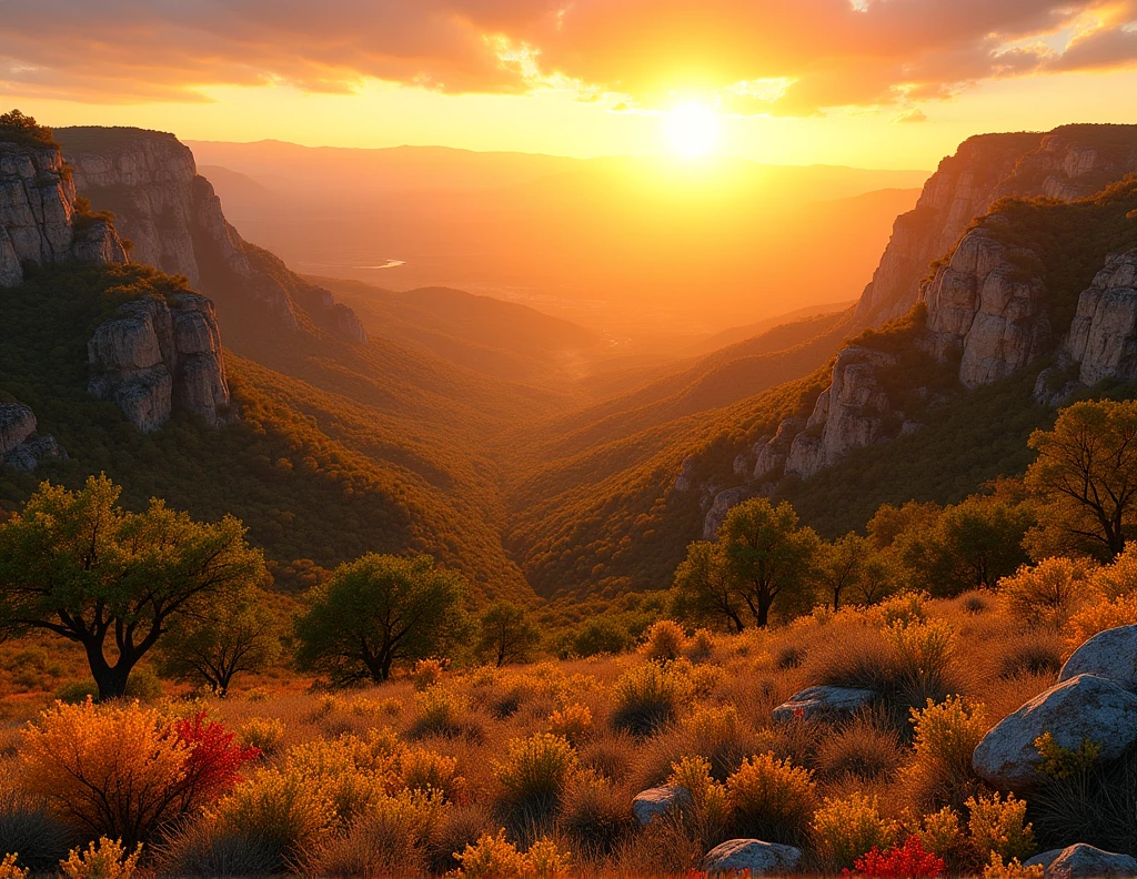 Generate a landscape of the natural geography of Texas, use a lot, sunny and orange, the rest of the image in dark tones. Use plenty of vegetation.
