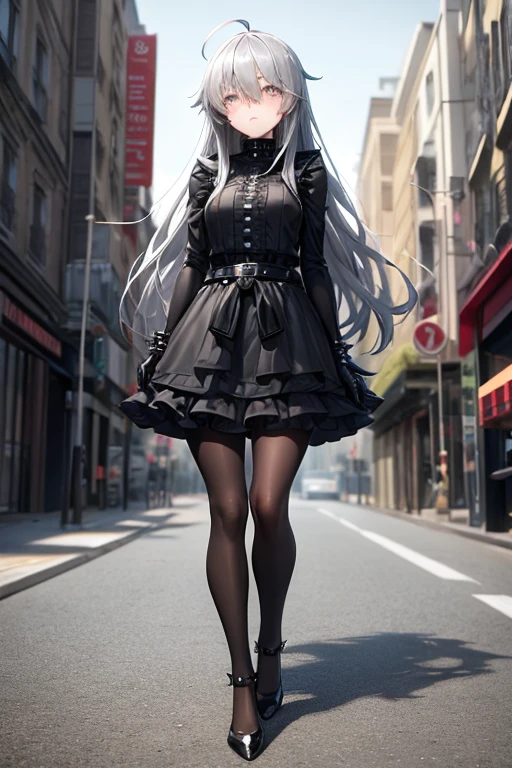 ((best quality)), ((masterpiece)), (detailed), 1 girl, Full body, 18 years old, Depressed face, Silver eyes, Arms behind waist, Eyes covered, Blushing, Silver hair, long hair, ahoge, Bangs, strand of hair covering her right eye, mask, Full body, very tall, very Small breasts, Slim body, Grey hood, Metal spikes, Grey wristbands, Long black gloves with spikes, Grey goth outfit, Gothic lolita, Grey dress, Metal emblem, Tight fitting, Black belt, Metal skin, Black pantyhose, Black shoes, Walking through the city, Metal spikes coming out of the road, City background, Anime