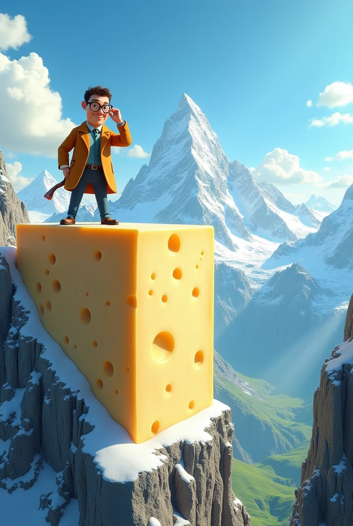 a huge block of feta cheese on the alps mountains, sci-fi animated Inspector Gadget is sitting on a block of cheese beautiful detailed mountains,