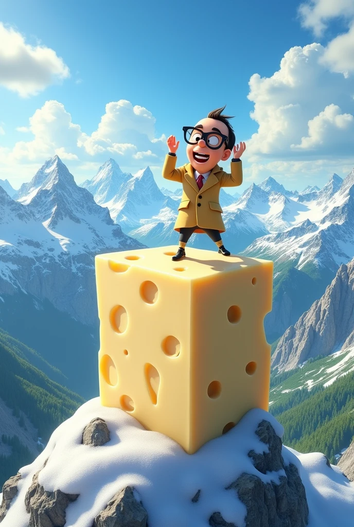 a huge block of feta cheese on the alps mountains, sci-fi animated Inspector Gadget is sitting on a block of cheese beautiful detailed mountains,