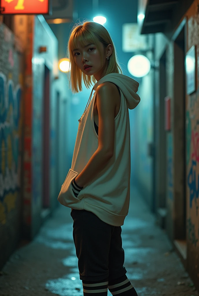 ((Biologically correct limb count))、(( Full-body photo including face))、4K、((Standing position))、masterpiece、((Focus on the face))、((Symmetrical facial features))、, (Natural skin texture, Eye for detailed depiction、 Hyperrealism, Sharpness), (Japanese teen girl in a dirty back alley At night, Put your hands in your pockets, graffitied wall:1.3), ((White hoodie, Sleeveless, White jersey pants)), (Flat Chest:1.3, Pale skin:1.2, Slender body), ((Blonde Straight Hair, Blunt bangs)), (Attractive face, Provocative look, Lips parted:1.3, Sagging under the eyes:1.2, Red thick lips), graffiti:1.5, At night, Upper Body Shot、In a completely different expression。Eye for detailed depiction、Beautiful woman、Great style、Beautiful clavicle、Beautiful legs、Beautiful Hands、Slender body、(Small Ass、Thin thighs)、(Striped stockings、High heels)、Detailed depiction of the face、Small earrings、necklace、(Knit dress、(Check skirt))、Face close-up、Turn 1'look up、Look at me sideways、A bow tie、Nighttime hot springs、Super dense fog、