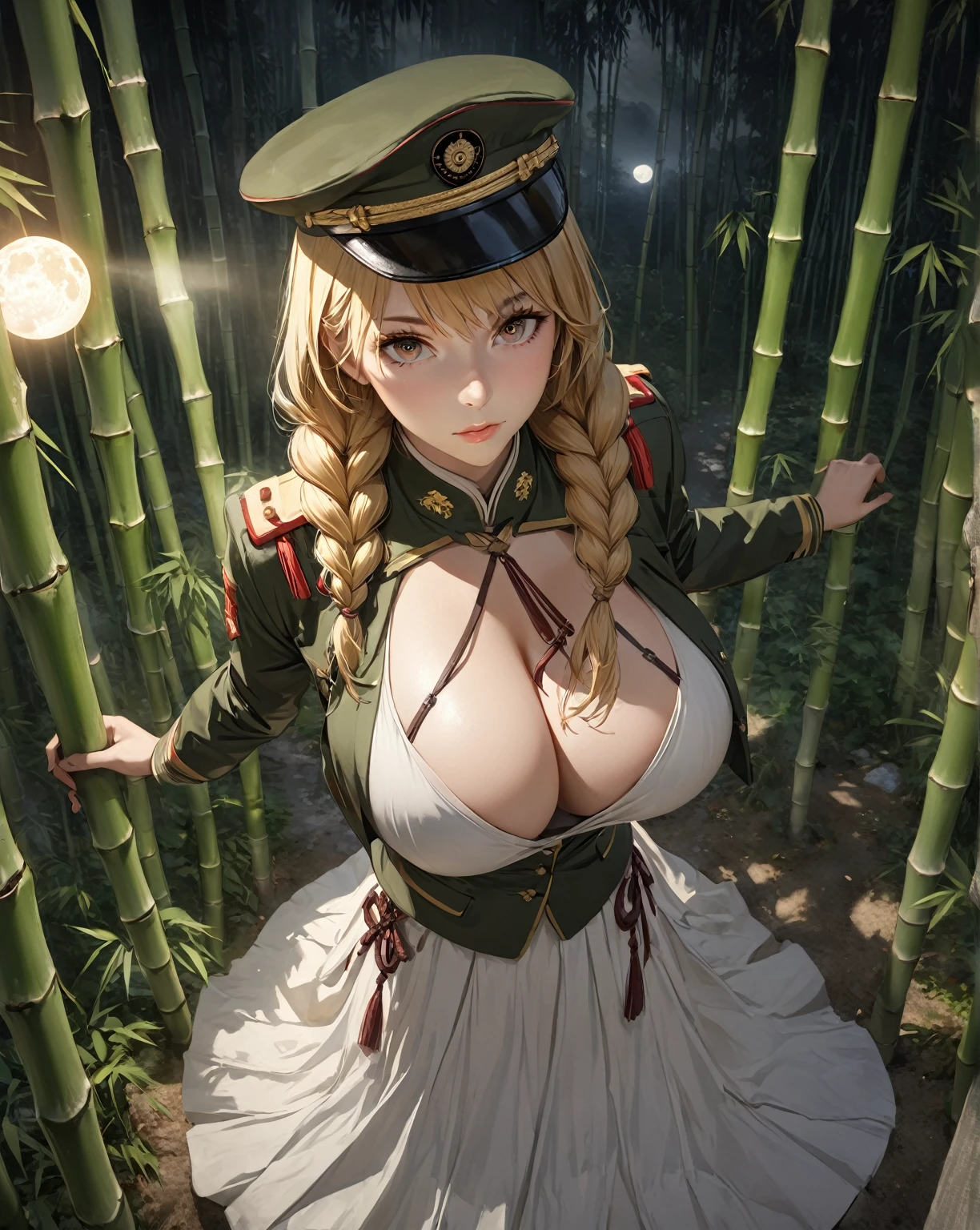 (masterpiece, best quality:1.3), (from above:1.3),, perfect face, expressive eyes, 1woman, looking at viewer, gorgeous body, big breast, beautiful, アニメ, lora,1woman, gold hair, braid hair, army cap, uniform, long skirt, (cinematic lighting, realistic, dream-like, enchanting atmosphere:1.5), （an old japanese mansion with moonlight leaking, in bamboo forest, midnight, big full moon:1.3）