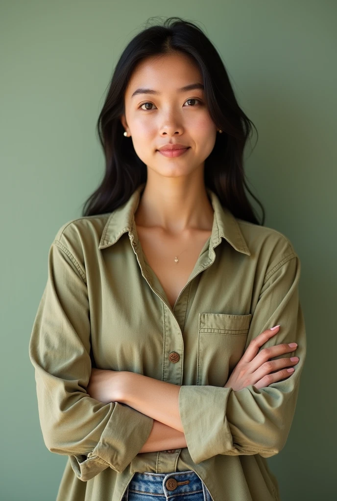 woman with a neutral facial expression and closed mouth (Preferably related to agroecology or the agricultural sector). The person should be standing straight, looking at the camera and their upper body should be visible. The person's head should be relatively small within the image. Lighting should be uniform and balanced, without strong shadows or overexposed areas. The background should be discreet and simple, no objects obstructing the person's face or body. Please, make sure the image is high resolution and quality.