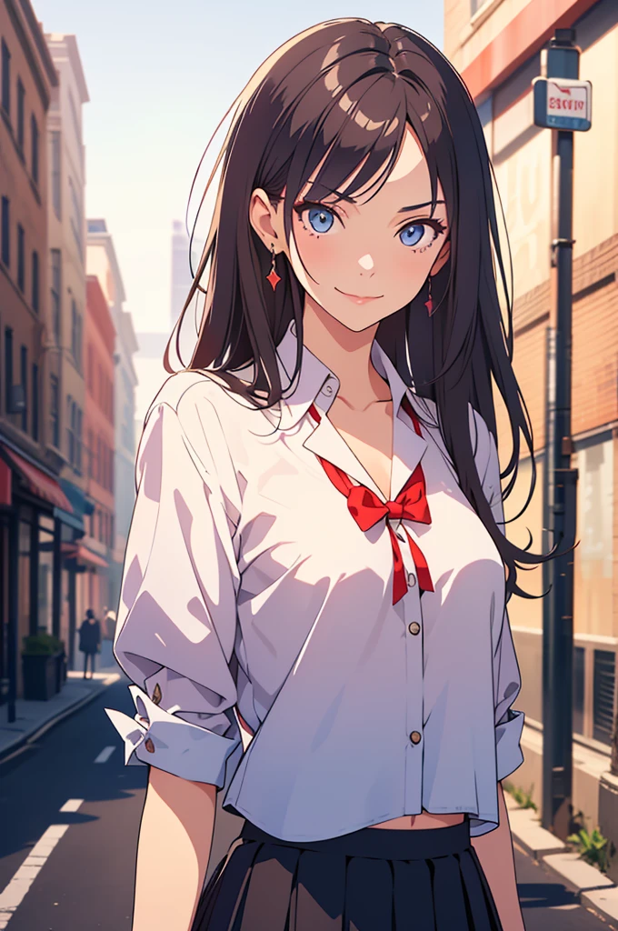 (best quality:1.2), (highest quality:1.2), (perfection:1.1), (flawless:1.1), urban street, 1girl, crazy girl, (dominant look:1.3), evil smirk, short height, blouse, skirt, (straight hair:1.1), small breasts, (best quality eyes:1.1), highly detailed, 8k, best quality resolution, (most beautiful upscale:1.1)