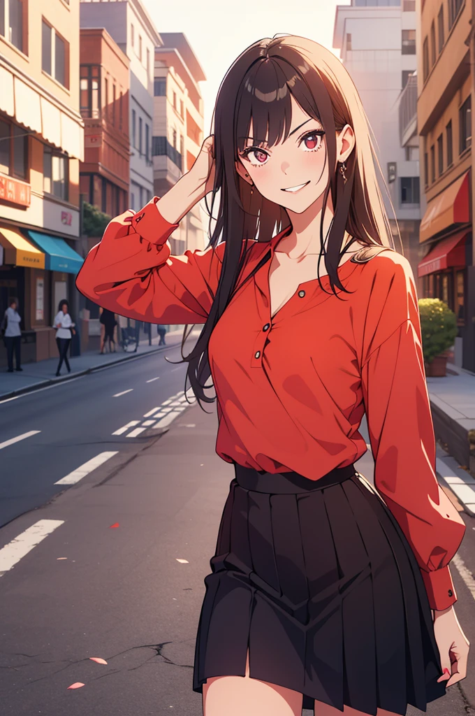 (best quality:1.2), (highest quality:1.2), (perfection:1.1), (flawless:1.1), urban street, 1girl, crazy girl, (dominant look:1.3), evil smirk, short height, blouse, skirt, (straight hair:1.1), small breasts, (best quality eyes:1.1), highly detailed, 8k, best quality resolution, (most beautiful upscale:1.1)