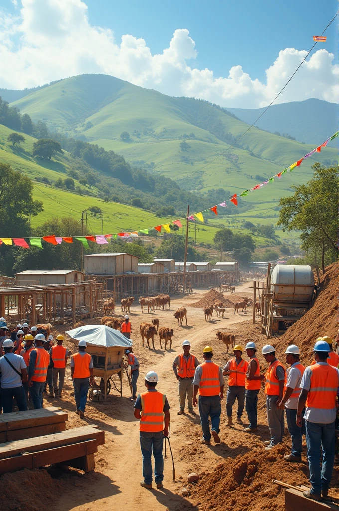 Create an image of the creation of a milk plant where a municipal government of Bolivia participates and add people working on the construction of the processing plant 