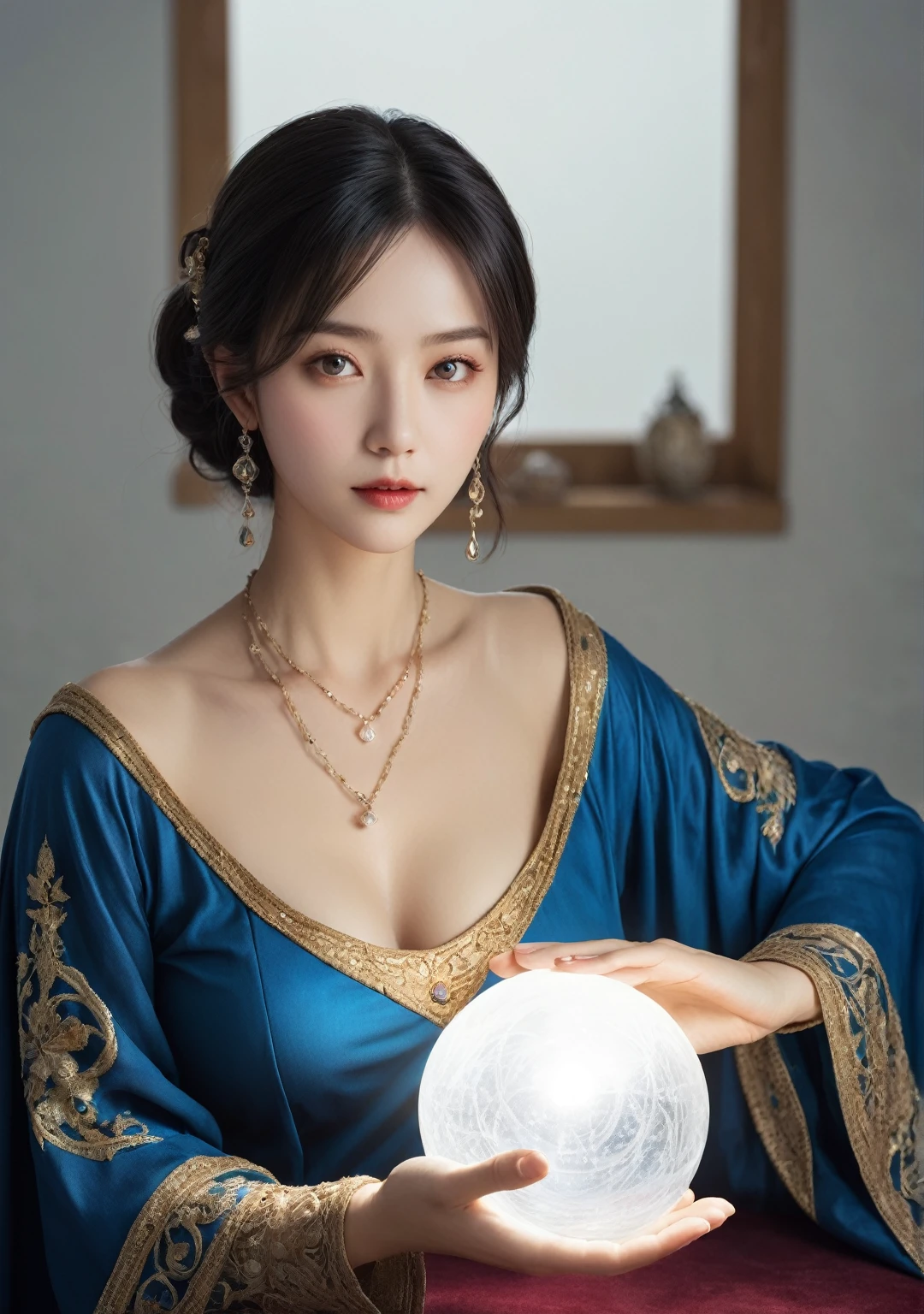 Female fortune teller. Body and face orientation: front. Charm, Beautiful and mysterious. She is wearing a blue cape、Have a clear face. The atmosphere is bright and sparkling, Filled with anxiety and anticipation. A fortune teller is standing. He has a crystal ball in his right hand. The lighting in the room is bright, Create a fantastic atmosphere. Best image quality, 4K or 8K resolution. Extremely detailed and realistic, Almost photorealistic. Artistic style is、It should reflect the formula&#39;s aesthetic with bright colors and strong contrast。. The color palette should emphasize the mysterious and mystical theme of the piece.. The fortune teller&#39;s cloak is decorated with metal trim and intricate designs.、The thickness ratio is 1.5. The overall atmosphere is starry and magical.. The fortune teller&#39;s facial expression should arouse mystical interest..