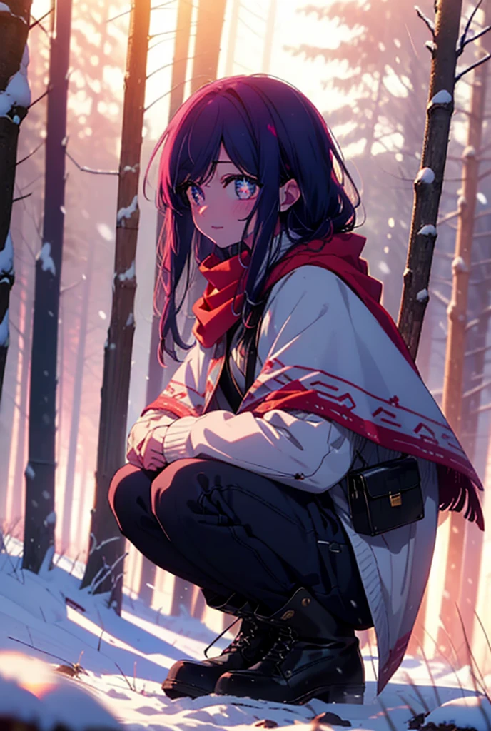 aihoshino, Ai Hoshino, Long Hair, bangs, (Purple eyes:1.1), Purple Hair, (Symbol-shaped pupil:1.5), smile,,smile,blush,white breath,
Open your mouth,snow,Ground bonfire, Outdoor, boots, snowing, From the side, wood, suitcase, Cape, Blurred, , forest, White handbag, nature, Squat, Mouth closed, Cape, winter, Written boundary depth, Black shoes, red Cape break looking at viewer, Upper Body, whole body, break Outdoor, forest, nature, break (masterpiece:1.2), Highest quality, High resolution, unity 8k wallpaper, (shape:0.8), (Beautiful and beautiful eyes:1.6), Highly detailed face, Perfect lighting, Highly detailed CG, (Perfect hands, Perfect Anatomy),