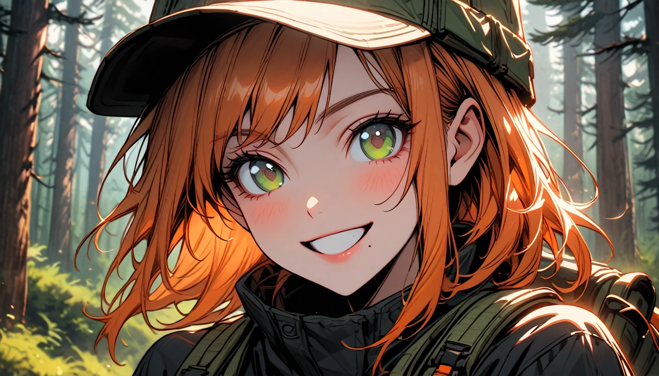 solo, female, close up, forest, long orange hair, dark green eyes, mole under mouth, very large breasts, pine forest, outdoors gear, black jeans, feminine, tomboy, happy smile, day