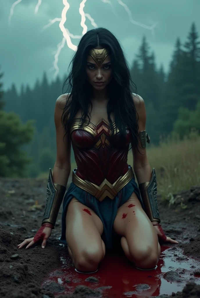 (((A beautiful woman with long black hair under the mantle of the Amazon warrior Wonder Woman (((Light blue jumpsuit with tiny scales Red Wonder Woman corset))) on her knees screaming exhausted after an extensive battle blood around her Diaema Wonder Woman in silver metal with a red star on her Diaema))) blood around her reflection of her in her blood bloody and terrifying images