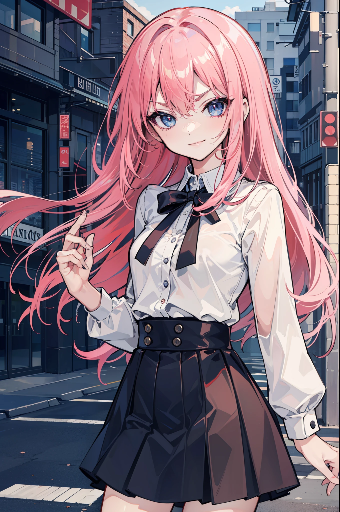 (best quality:1.2), (highest quality:1.2), (perfection:1.1), (flawless:1.1), urban street, 1girl, crazy girl, (dominant look:1.3), evil smirk, short height, blouse, skirt, (straight hair:1.1), small breasts, (best quality eyes:1.1), highly detailed, 8k, best quality resolution, (most beautiful upscale:1.1)