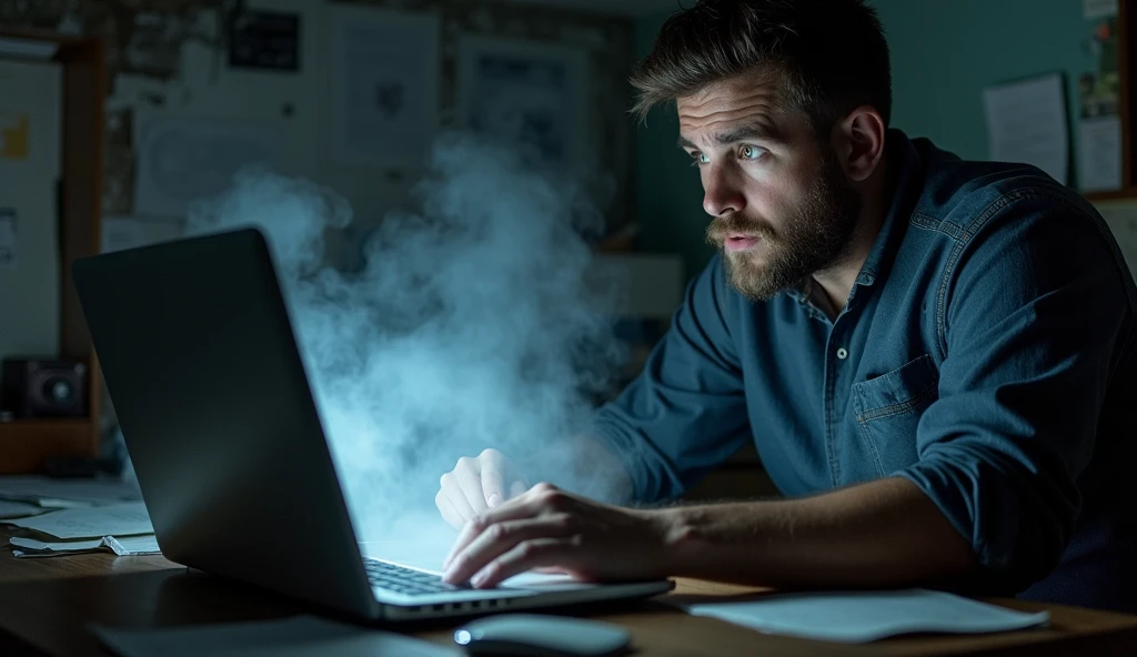 room, The laptop on the table is smoking, The man is sitting next to it in panic