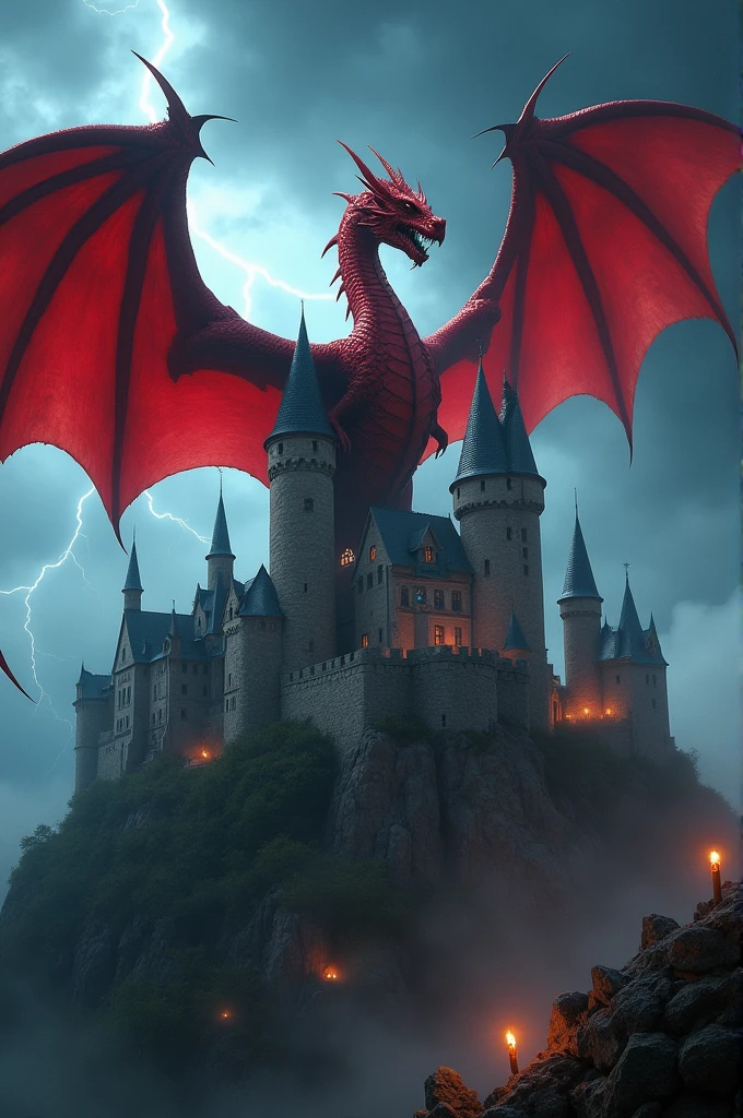 A red dragon flying over a medieval castle, image like 80s movies, dark fantasy style