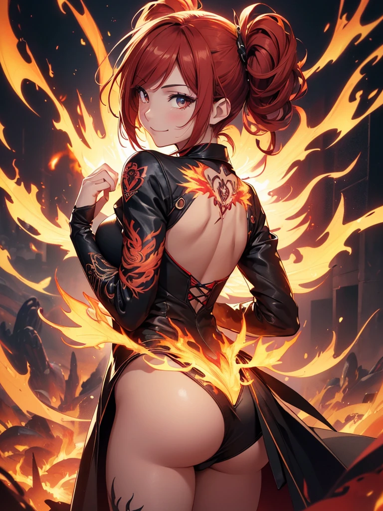 (((best quality, sharp image, clear image, cinematic lighting, 8k resolution, masterpiece, ultra detailed, intricate))) Girl, (((looking over left shoulder))), (shot from behind), ((shot from hip up)), fiery red hair, pigtails, ((intricate black dress)), ((flaming sigils, flaming runes)), spiky rock formations, (flaming lotus flowers frame), (intricate background), (chaotic background), (busy background), ((Phoenix)), (swirling flames), smiling,tatoo on back