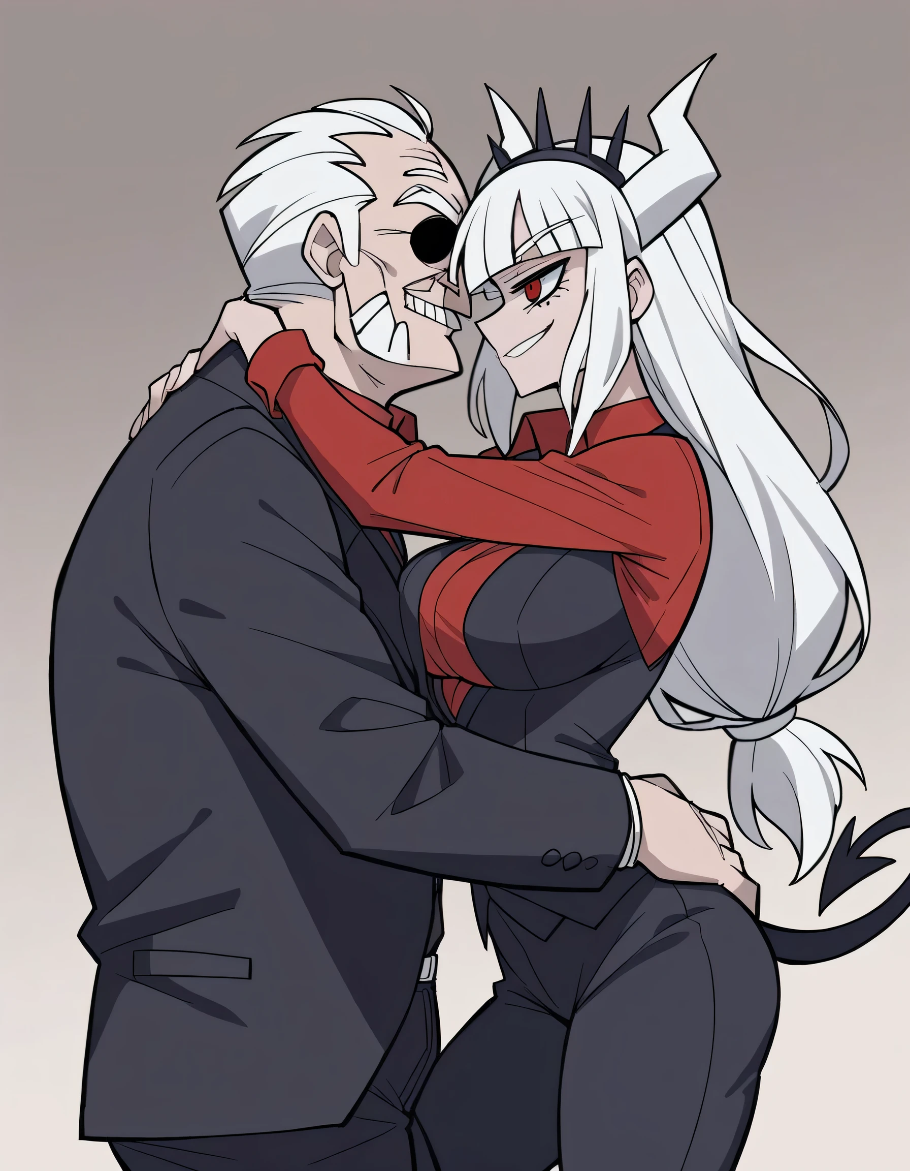 Masterpiece, best quality, Masterpiece, best quality, 1 woman , lucifer (helltaker) , long white hair , red eyes. , sly face , smile , black suit shirt , trousers , big breasts , , abdomen , Put your hands on your hips. , 1 man , old man , embrace