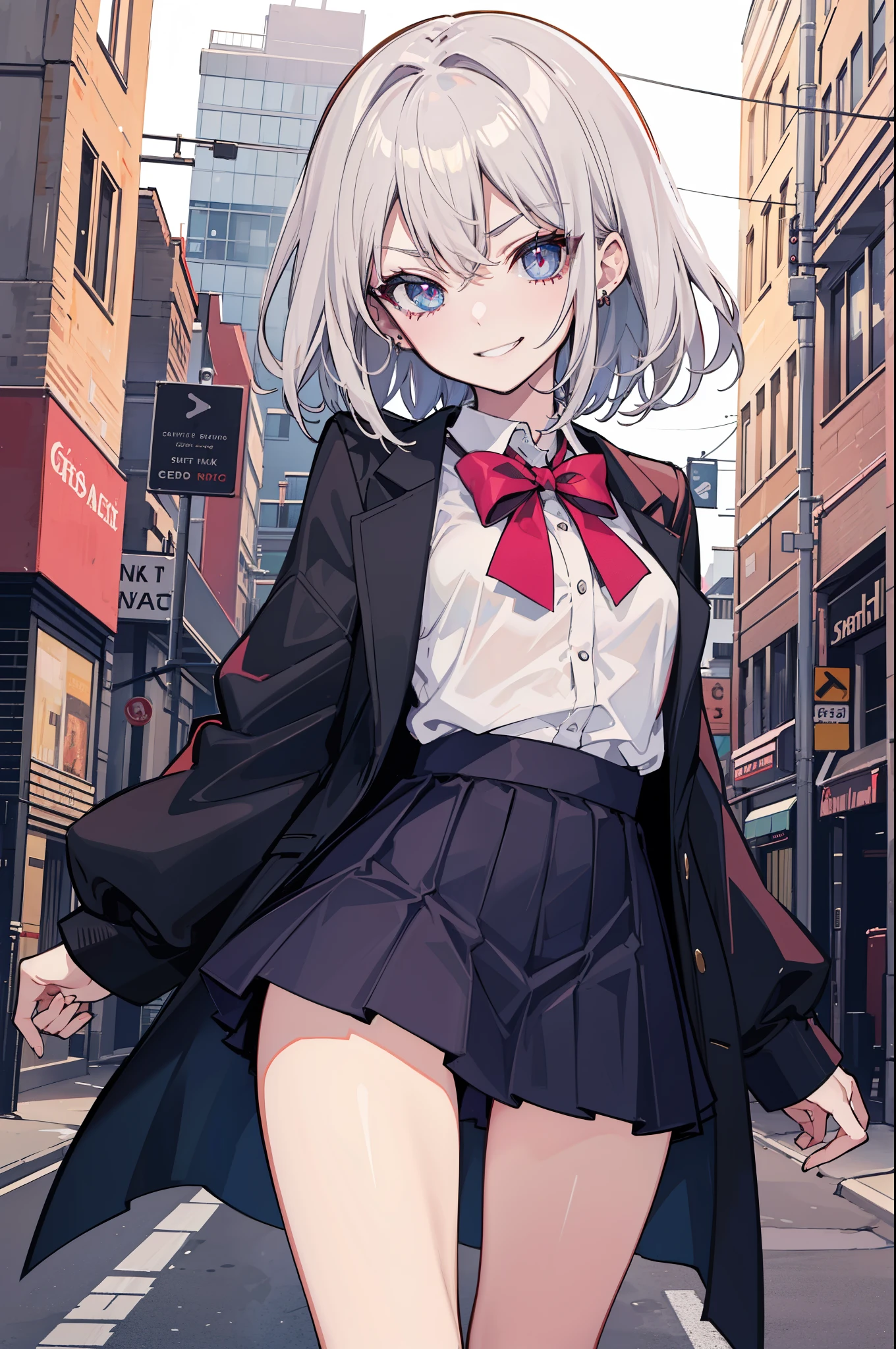 (best quality:1.2), (highest quality:1.2), (perfection:1.1), (flawless:1.1), urban street, 1girl, crazy girl, (dominant look:1.3), evil smirk, short height, blouse, skirt, (straight hair:1.1), small breasts, (best quality eyes:1.1), highly detailed, 8k, best quality resolution, (most beautiful upscale:1.1)