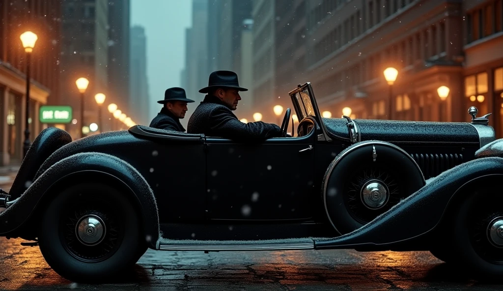side view, full size, Chicago City of 1933 winter main street background, 1 hitman and driver in the car of black 1st Lincoln Continental, evening twilight, RAW photo,