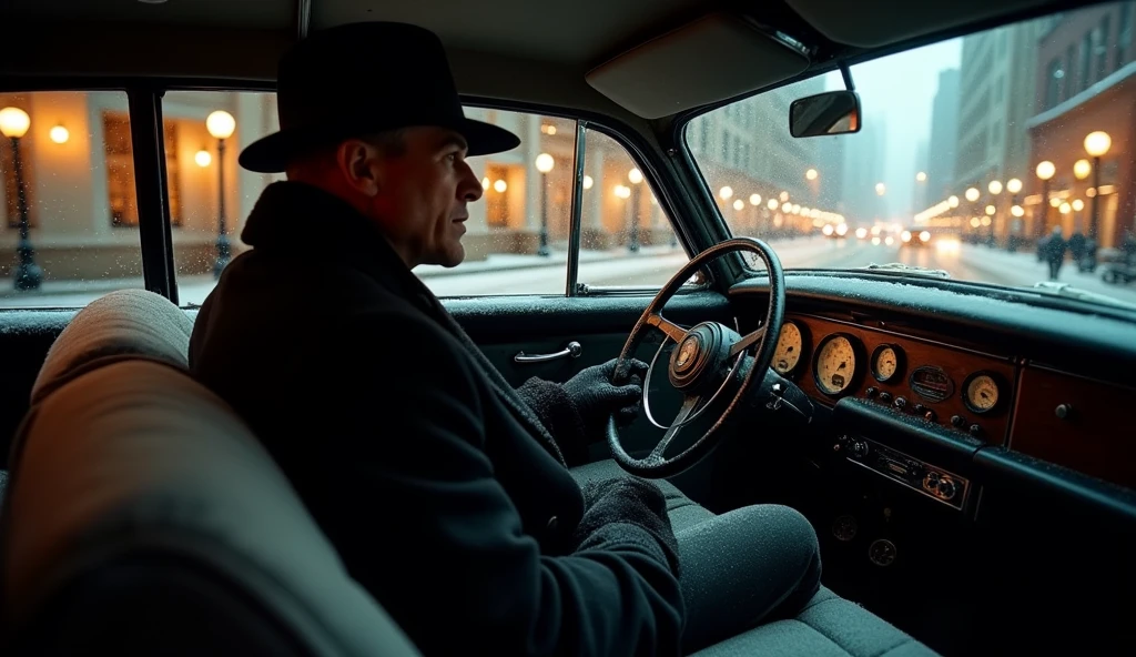 side view, full size, Chicago City of 1933 winter main street background, 1 hitman and driver in the car of black 1st Lincoln Continental, evening twilight, RAW photo,