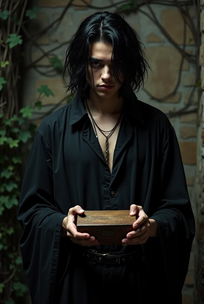 one men, the young man with divine beauty and black hair , Unfriendly expression and intense look, He is wearing old black clothes and is holding a small rectangular wooden box..