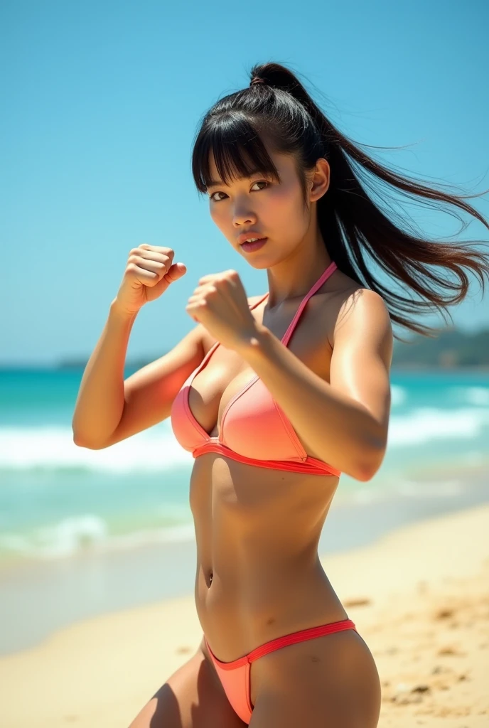 1girl, chinese woman, extremely muscular, ponytail with long side bang, skimpy peach bikini with red outline, beach background, fighter pose