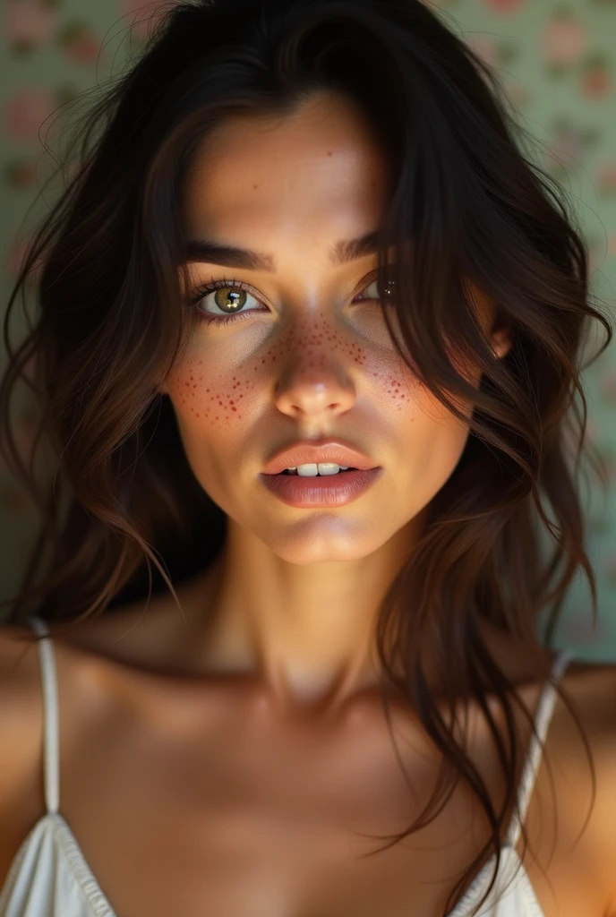 White woman with dark hair, slanted eyes and freckles, with breasts out, looking at the camera sensually