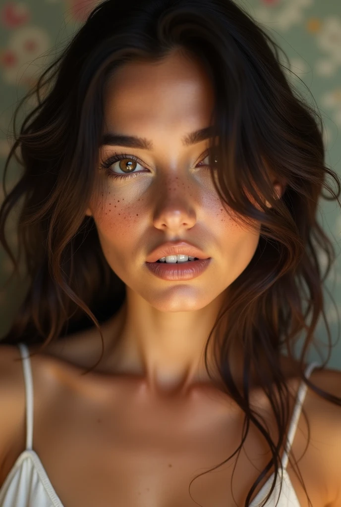 White woman with dark hair, slanted eyes and freckles, with breasts out, looking at the camera sensually