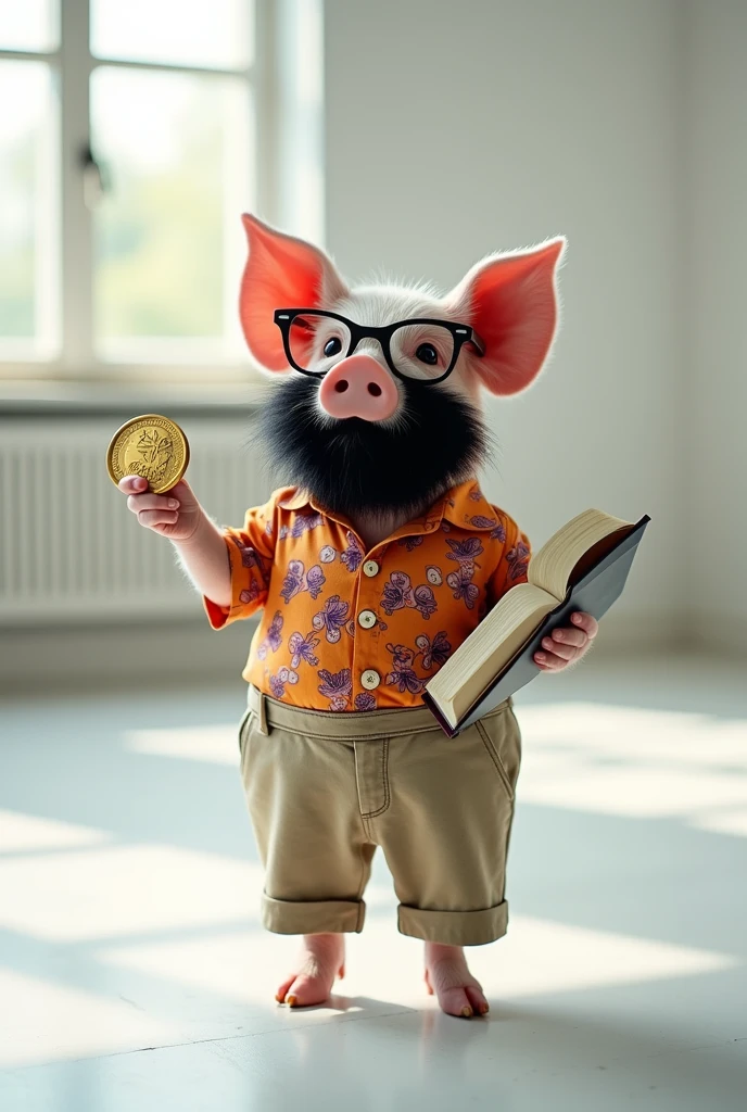 A pig with black beard and specs in short sleeve print shirt and pant with a gold medal and a book in hand in a white room