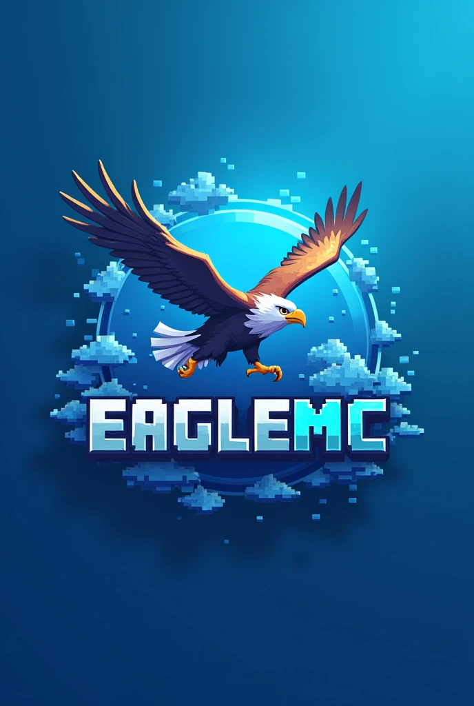 Create a logo for a Minecraft server called EAGLEMC, with an eagle as the main theme. The background should be in blue tones and the server name should be included. The background should be varied.