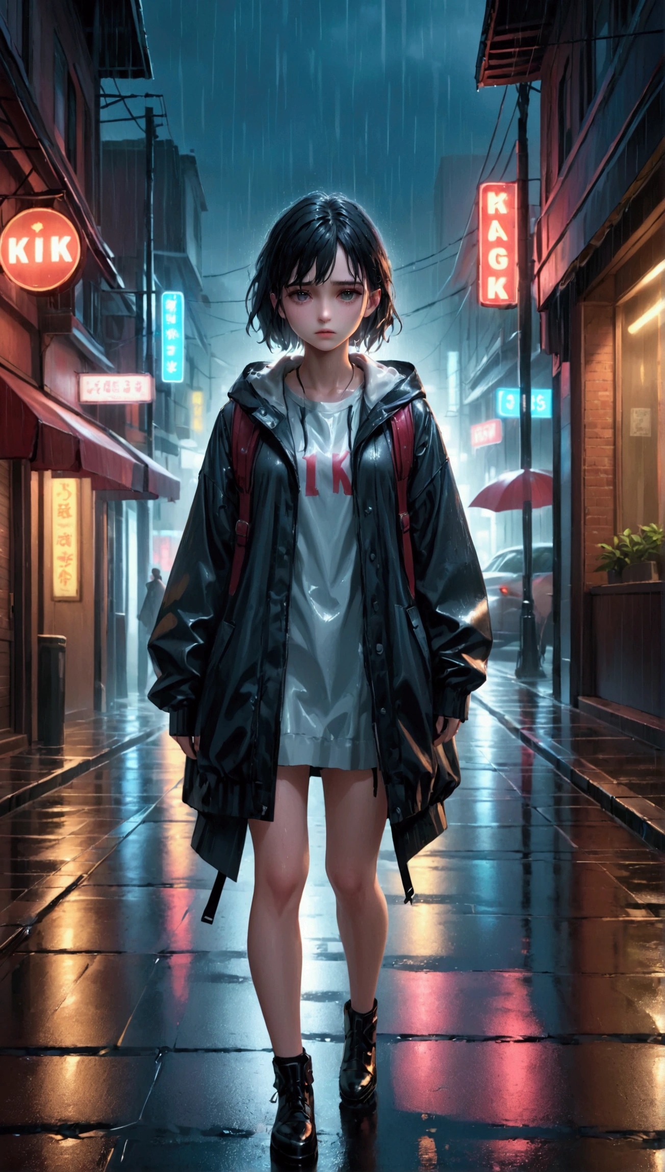 A girl walking in the rain, sad expression, detailed wet clothes, rainy street, dramatic lighting, moody atmosphere, cinematic, melancholy, realistic, 1girl, beautiful detailed eyes, beautiful detailed lips, extremely detailed face, long eyelashes, photorealistic, hyper detailed, 8k, HDR, cinematic lighting, moody colors, melancholic tones, rainy ambiance, puddles on the ground, neon lights, reflections, dramatic shadows