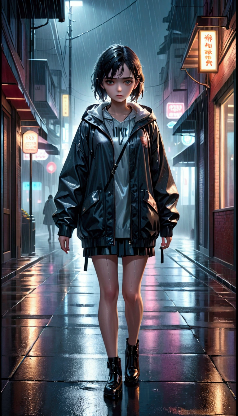A girl walking in the rain, sad expression, detailed wet clothes, rainy street, dramatic lighting, moody atmosphere, cinematic, melancholy, realistic, 1girl, beautiful detailed eyes, beautiful detailed lips, extremely detailed face, long eyelashes, photorealistic, hyper detailed, 8k, HDR, cinematic lighting, moody colors, melancholic tones, rainy ambiance, puddles on the ground, neon lights, reflections, dramatic shadows