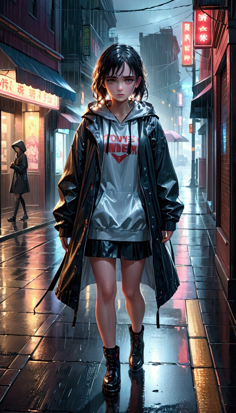 A girl walking in the rain, sad expression, detailed wet clothes, rainy street, dramatic lighting, moody atmosphere, cinematic, melancholy, realistic, 1girl, beautiful detailed eyes, beautiful detailed lips, extremely detailed face, long eyelashes, photorealistic, hyper detailed, 8k, HDR, cinematic lighting, moody colors, melancholic tones, rainy ambiance, puddles on the ground, neon lights, reflections, dramatic shadows