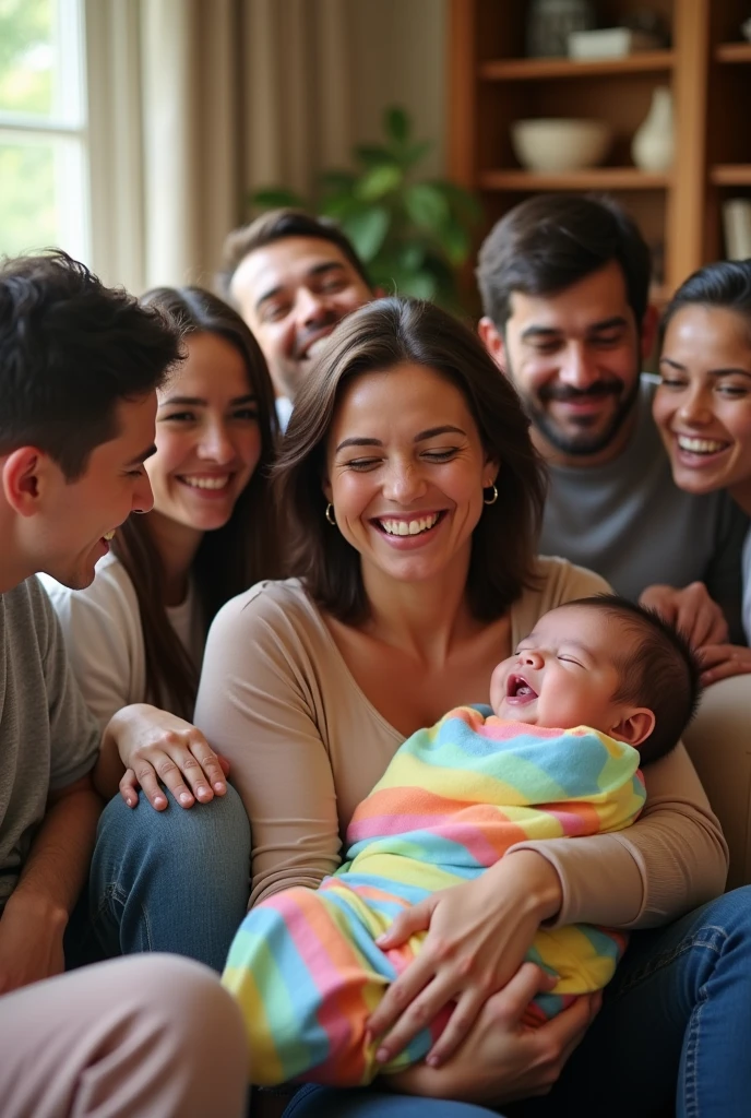 Mother presenting the baby Colorful baby clothes People with light skin