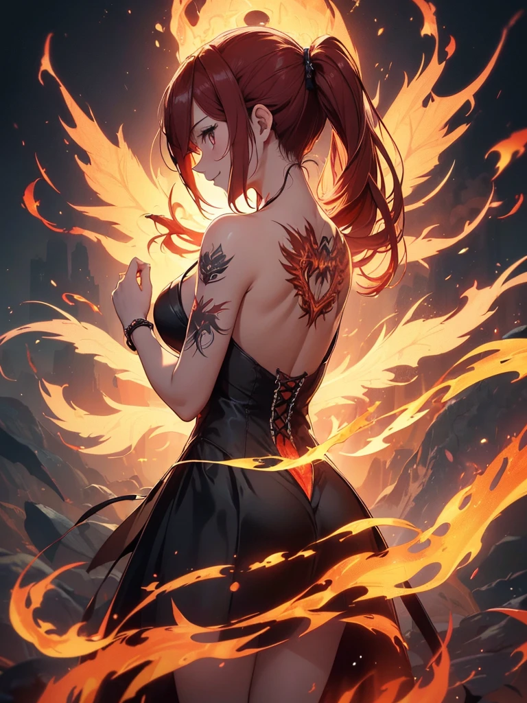 (((best quality, sharp image, clear image, cinematic lighting, 8k resolution, masterpiece, ultra detailed, intricate))) Girl, (((looking over left shoulder))), (shot from behind), ((shot from hip up)), fiery red hair, pigtails, ((intricate black dress)), ((flaming sigils, flaming runes)), spiky rock formations, (flaming lotus flowers frame), (intricate background), (chaotic background), (busy background), ((Phoenix)), (swirling flames), smiling,tatoo on back