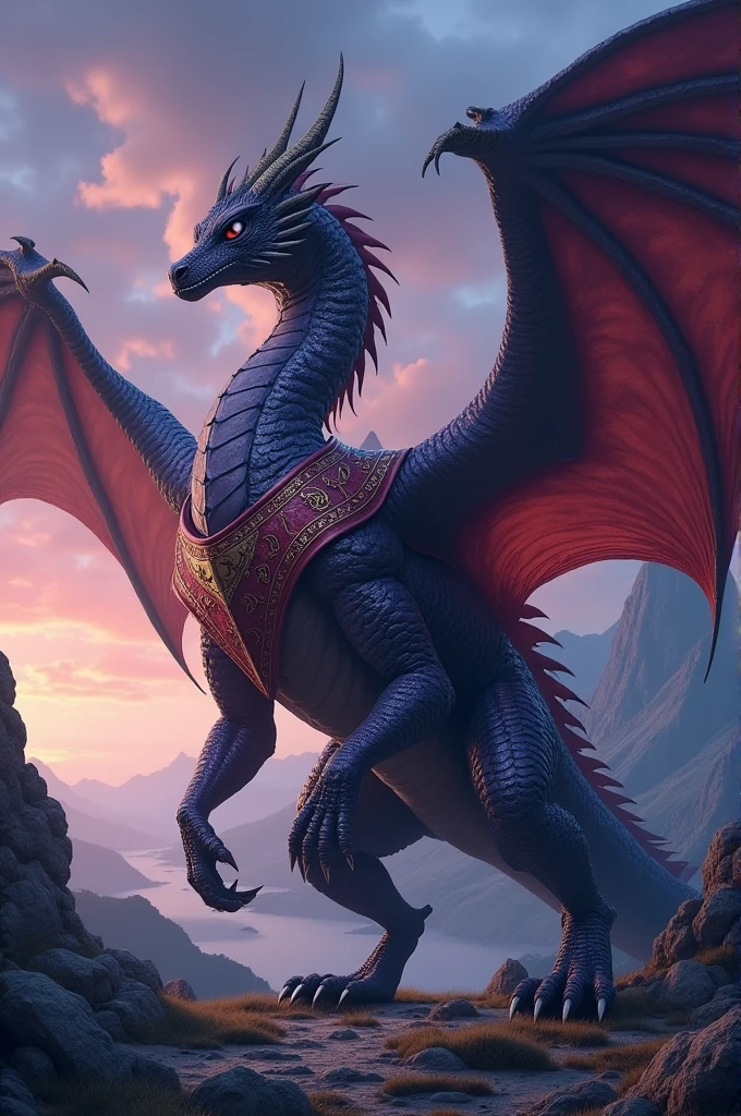 A gigantic dragon, of purple and black scales, with pale eyes, only hind legs and the claws that are on their wings. It has a red saddle on its back with engraving on it..