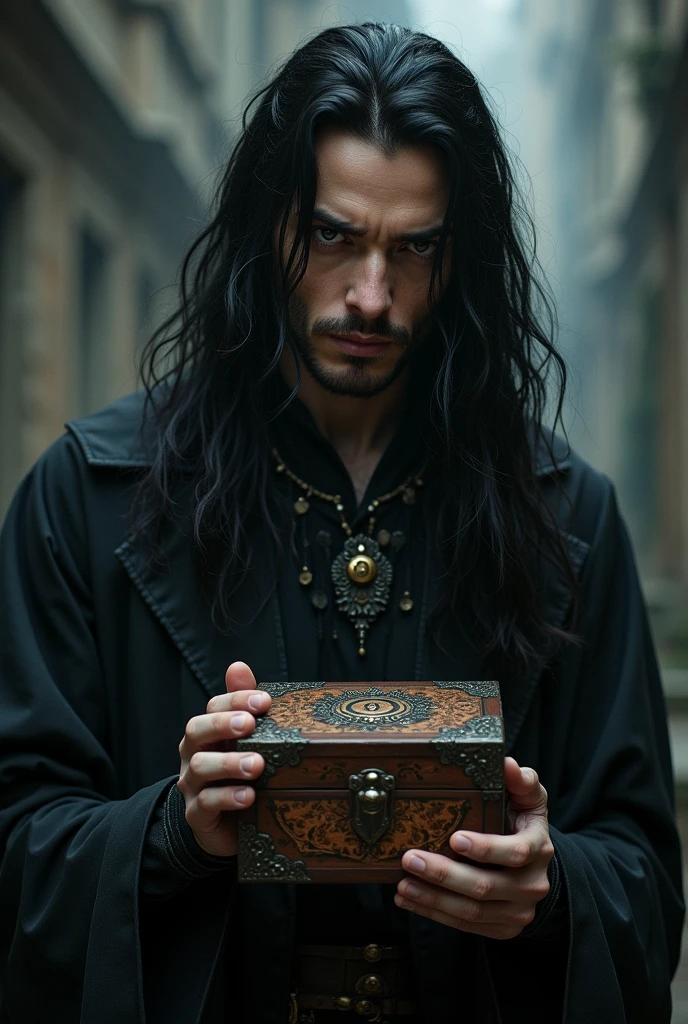 one men, over 25 years old, with divine beauty and black hair , Unfriendly expression and intense look, He is wearing old black clothes and is holding a small rectangular wooden box..