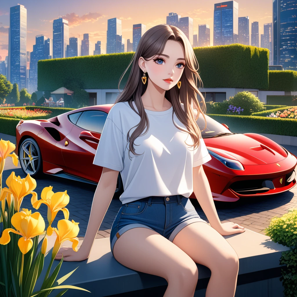 Highest quality, masterpiece, Ultra-high resolution, (CG: 1.4), Anime illustration, (Evening City), 1 person, Iris, Looking at the audience, Long Hair, light makeup, lips, Small ears, White T-shirt, Denim shorts, Earrings, Sit in Ferrari,, slim, Neat, garden