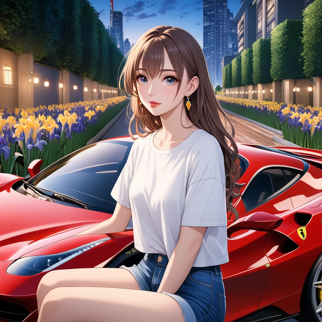 Highest quality, masterpiece, Ultra-high resolution, (CG: 1.4), Anime illustration, (Evening City), 1 person, Iris, Looking at the audience, Long Hair, light makeup, lips, Small ears, White T-shirt, Denim shorts, Earrings, Sit in Ferrari,, slim, Neat, garden